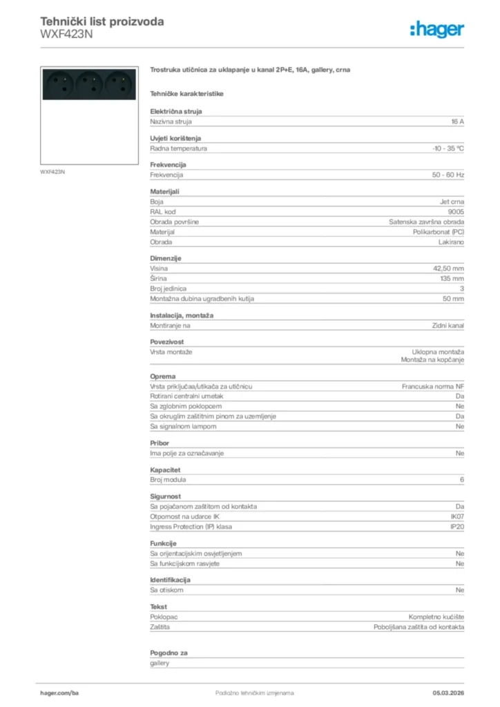 Slika Hager Tehnički list proizvoda WXF423N  | Hager