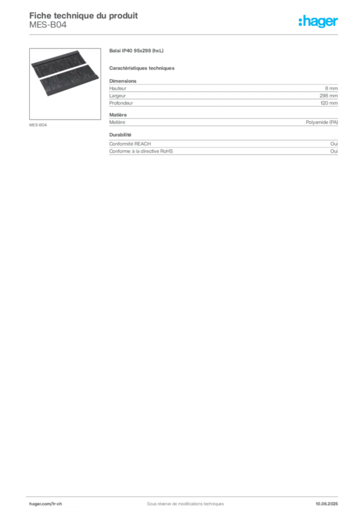 Image Hager Fiche technique du produit MES-B04 | Hager Suisse
