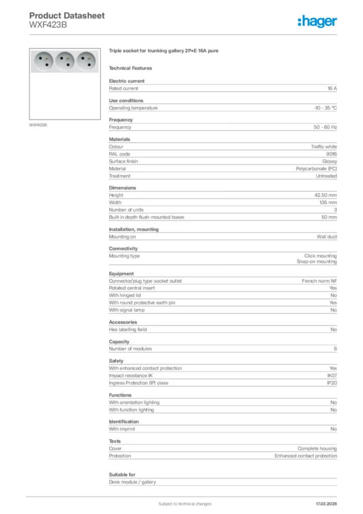 Image Hager Product data sheet WXF423B  | Hager Africa