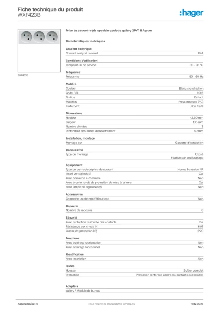 Image Hager Fiche technique du produit WXF423B | Hager Afrique