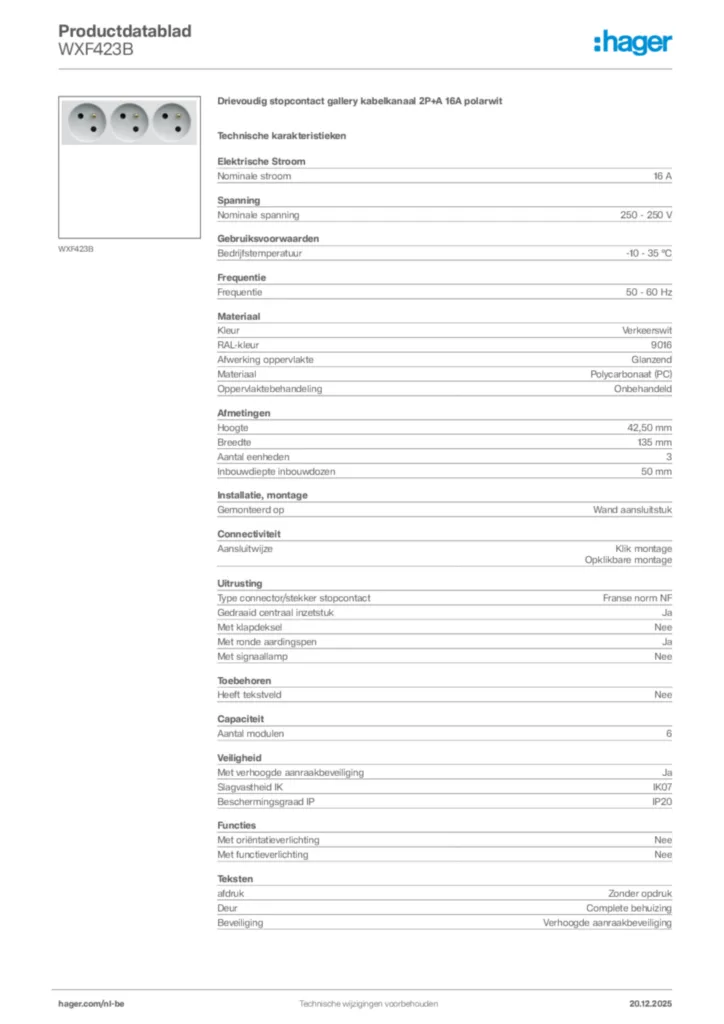 Afbeelding Hager Productdatablad WXF423B | Hager Belgium