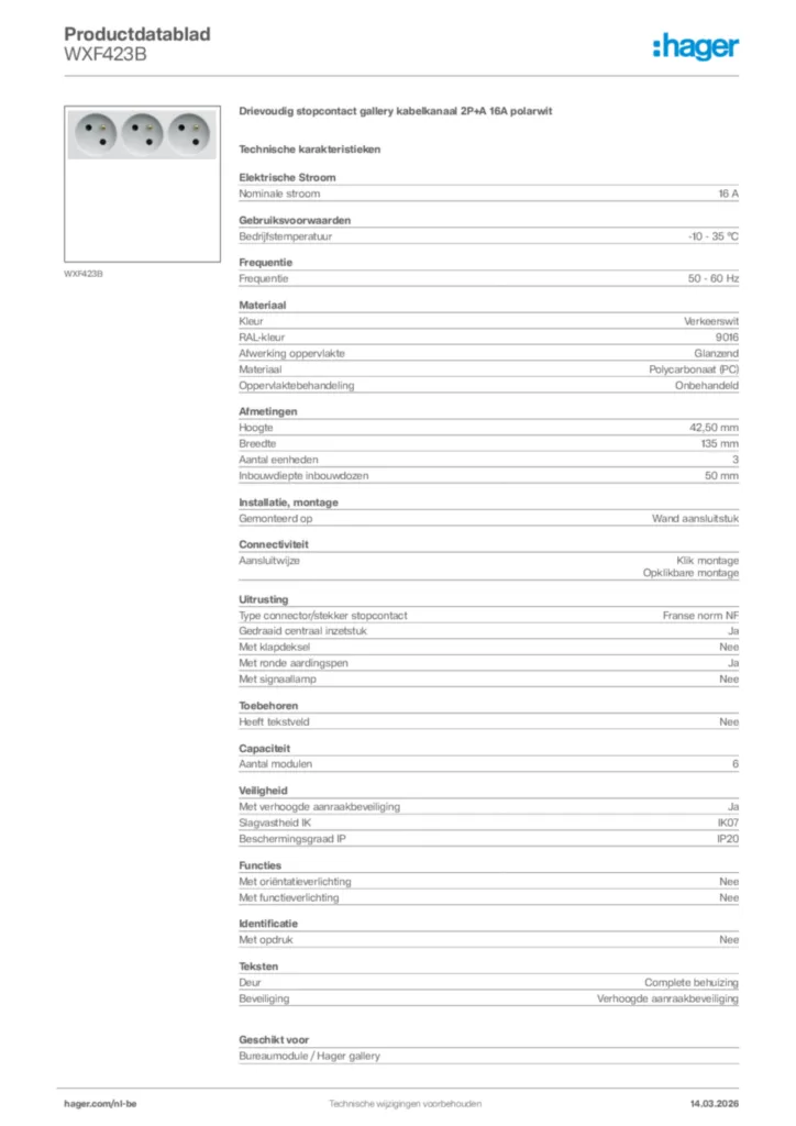 Afbeelding Hager Productdatablad WXF423B | Hager Belgium