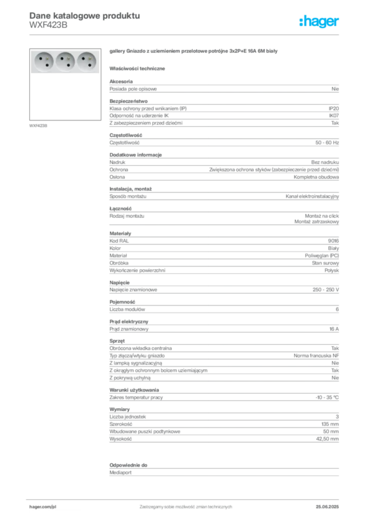 Zdjęcie Hager Dane katalogowe produktu WXF423B | Hager Polska