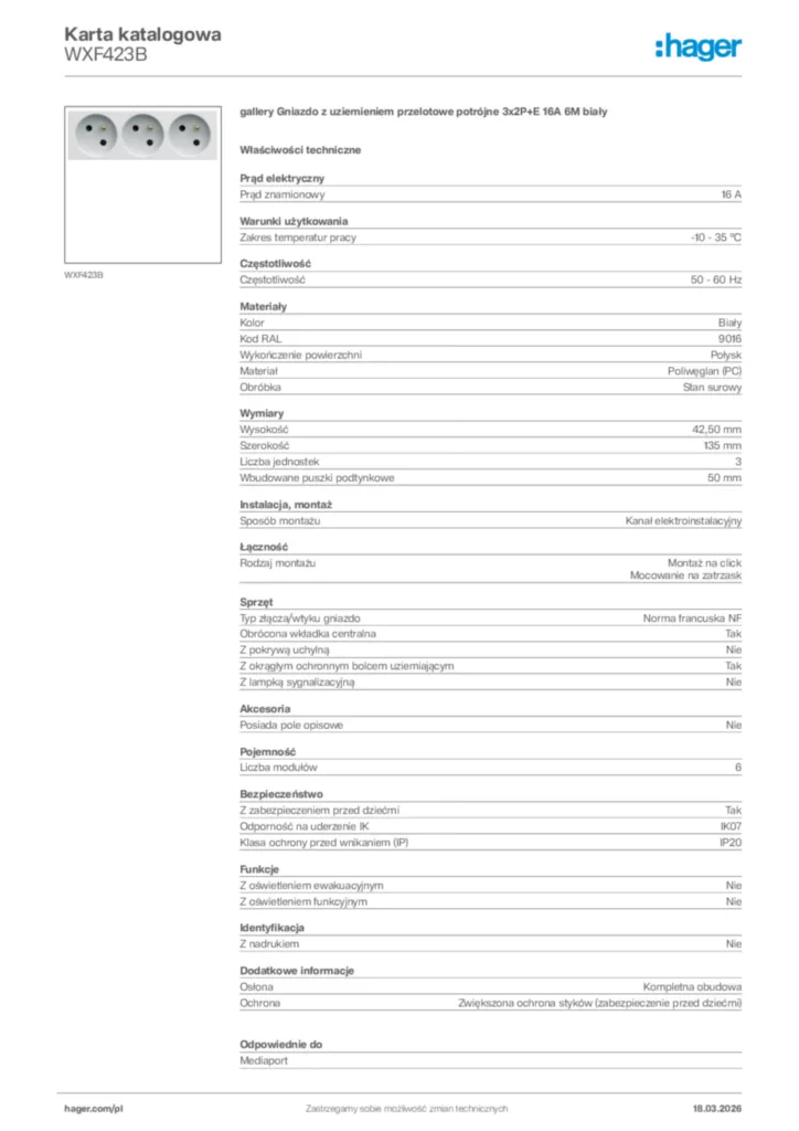 Zdjęcie Hager Karta katalogowa WXF423B | Hager Polska