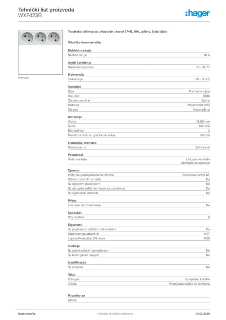 Slika Hager Tehnički list proizvoda WXF423B  | Hager