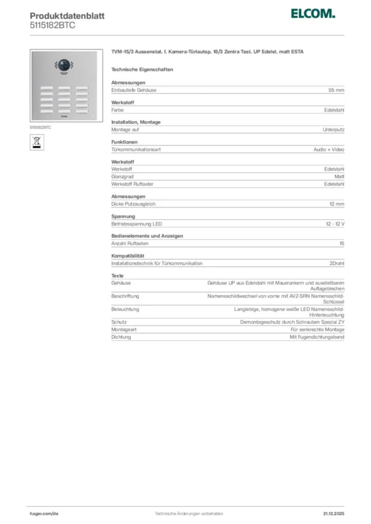Bild Elcom Produktdatenblatt 5115182BTC | Hager Deutschland