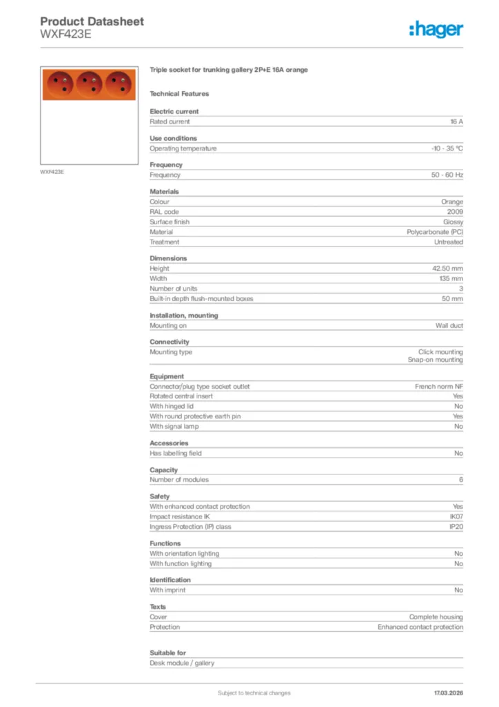 Image Hager Product data sheet WXF423E  | Hager Africa