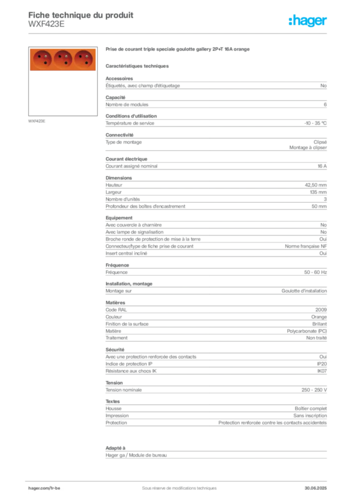 Image Hager Fiche technique du produit WXF423E | Hager Belgique