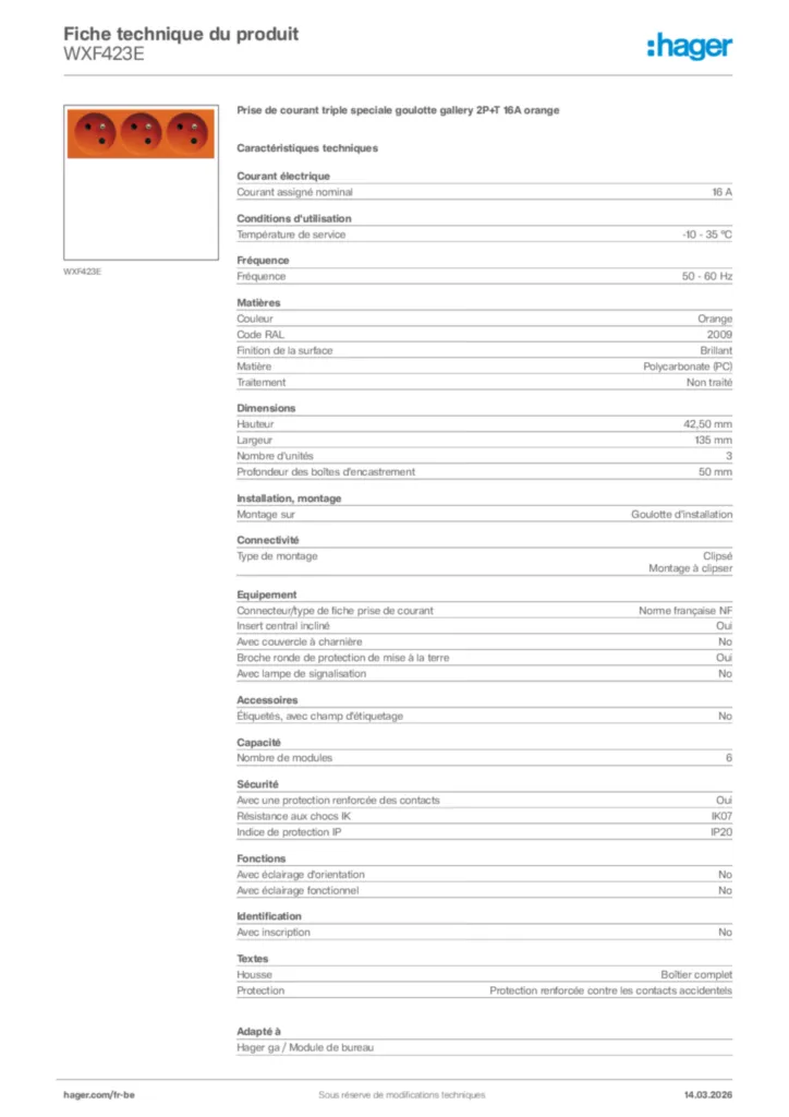 Image Hager Fiche technique du produit WXF423E | Hager Belgique