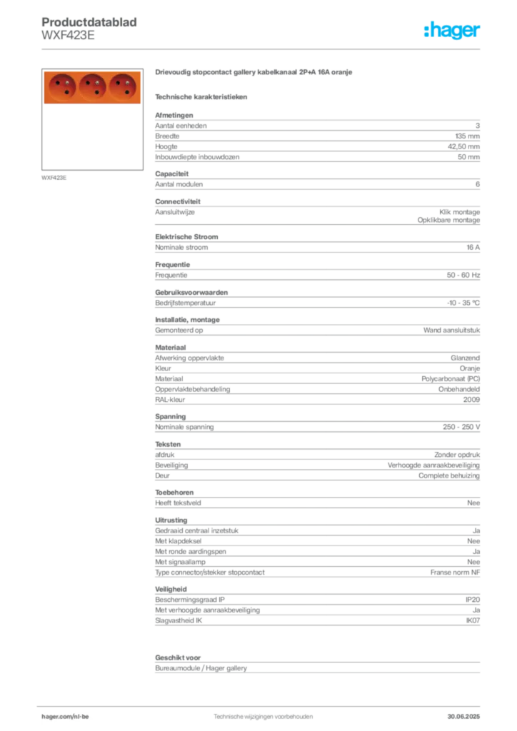 Afbeelding Hager Productdatablad WXF423E | Hager Belgium