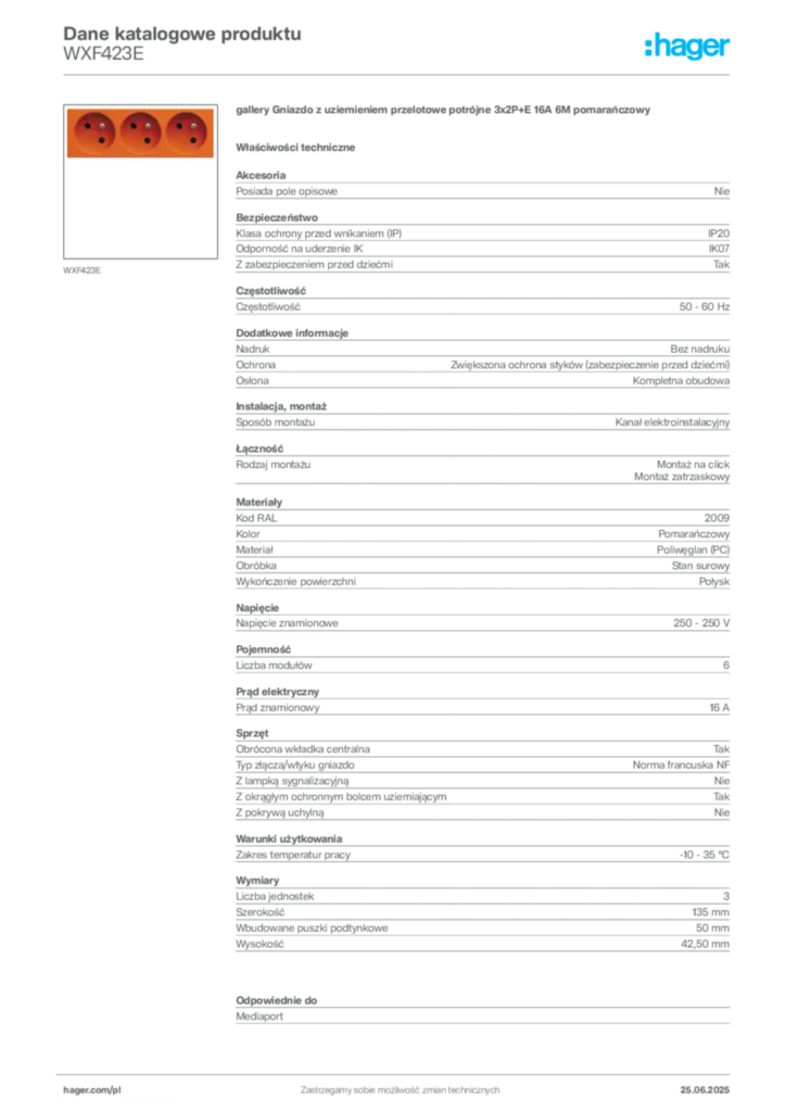 Zdjęcie Hager Dane katalogowe produktu WXF423E | Hager Polska