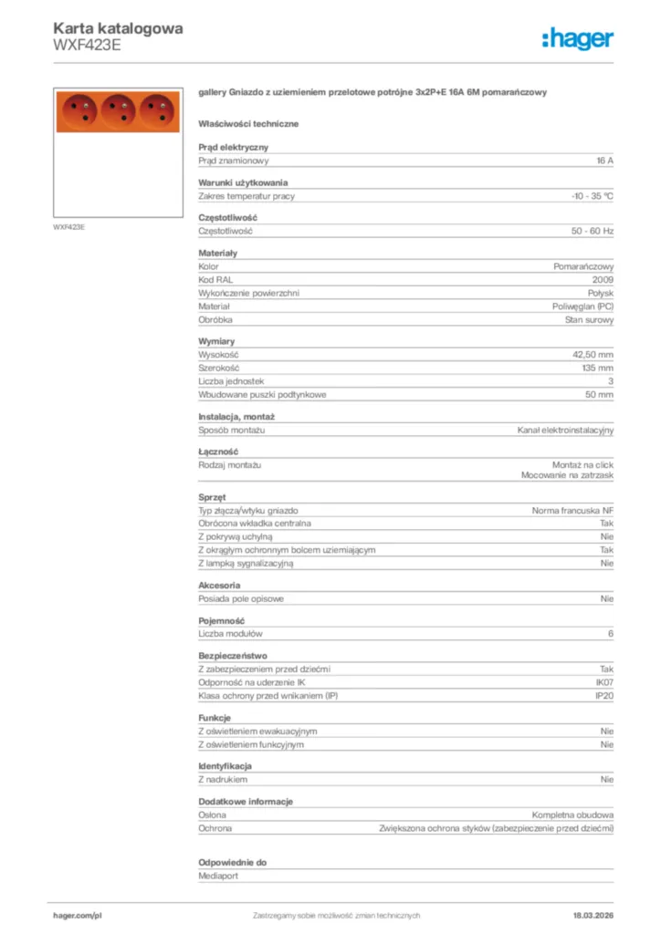 Zdjęcie Hager Karta katalogowa WXF423E | Hager Polska