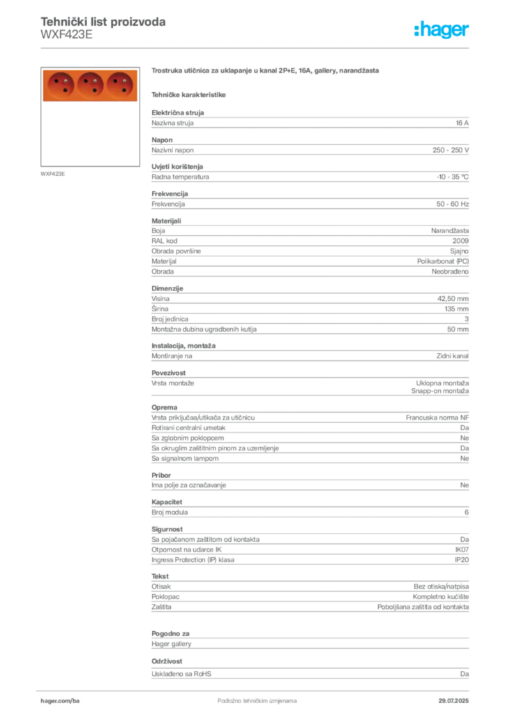 Slika Hager Product data sheet WXF423E  | Hager
