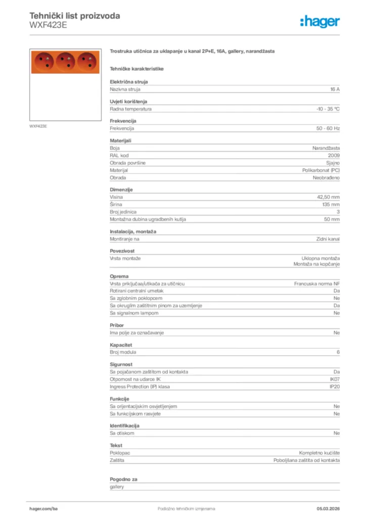 Slika Hager Tehnički list proizvoda WXF423E  | Hager