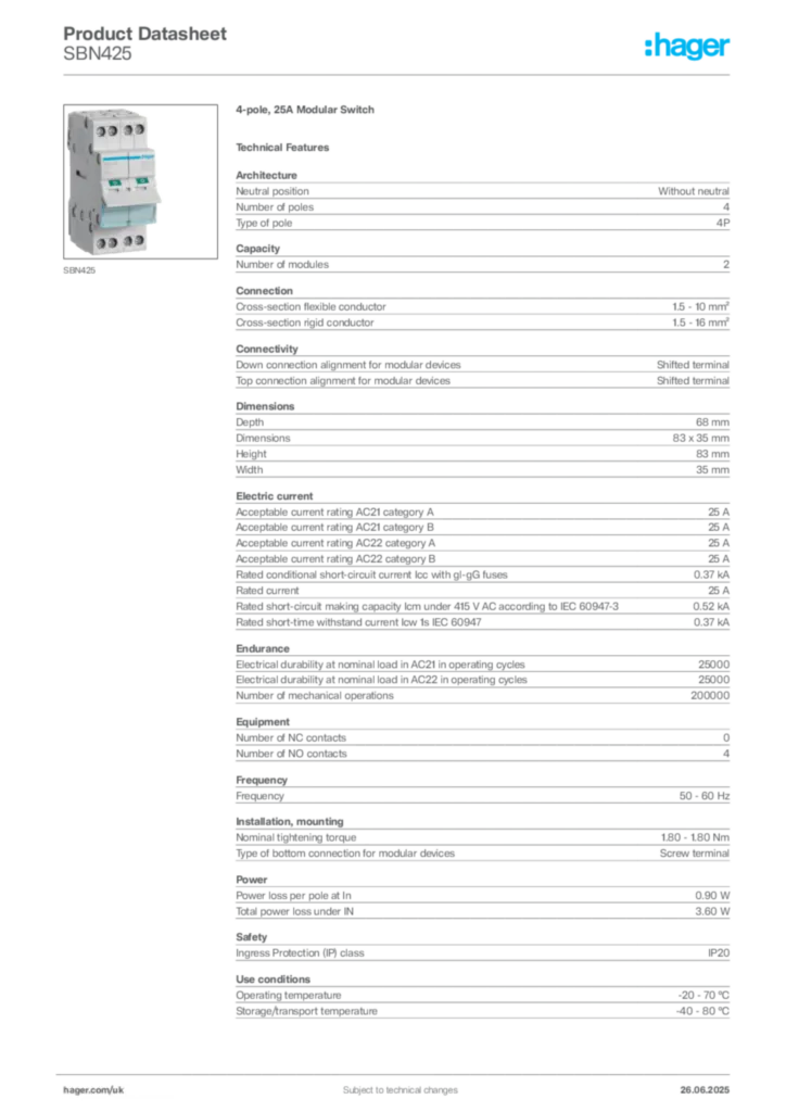 Image Hager Product data sheet SBN425  | Hager