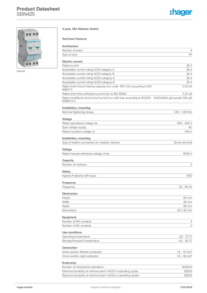 Image Hager Product data sheet SBN425  | Hager