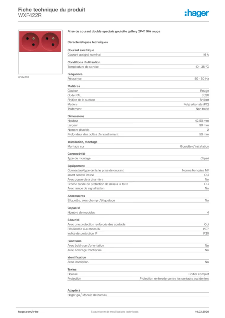 Image Hager Fiche technique du produit WXF422R | Hager Belgique