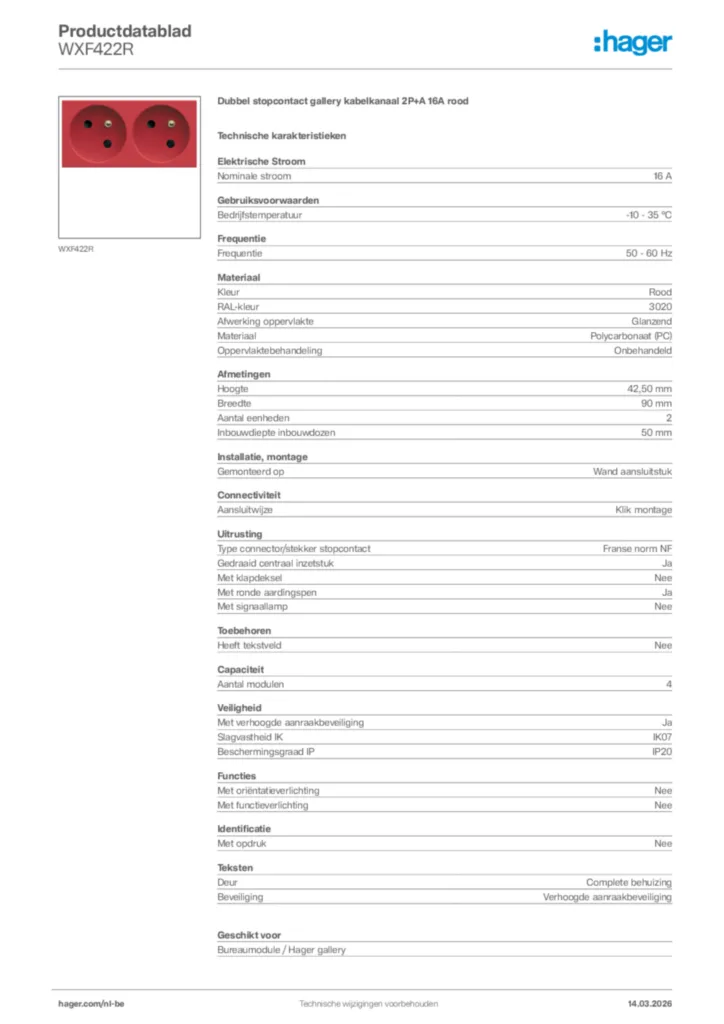 Afbeelding Hager Productdatablad WXF422R | Hager Belgium