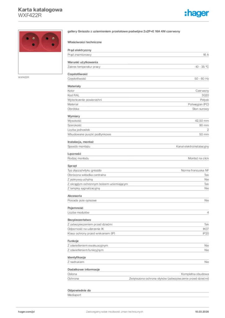 Zdjęcie Hager Karta katalogowa WXF422R | Hager Polska