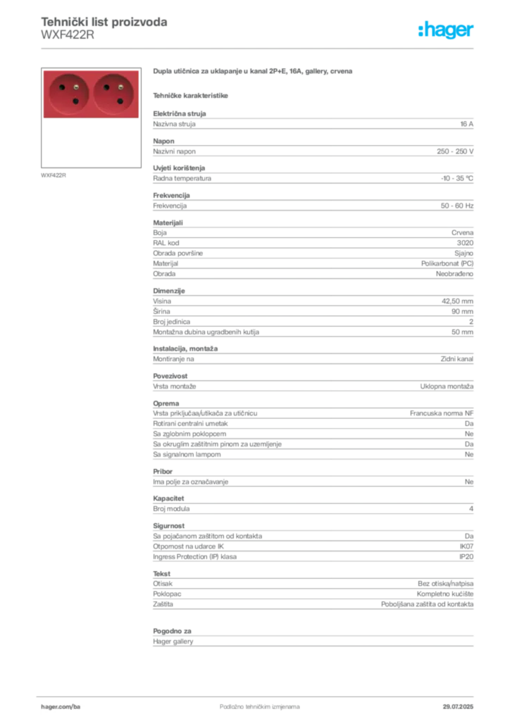 Slika Hager Product data sheet WXF422R  | Hager