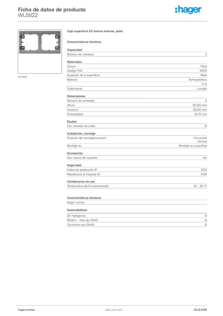 Imagen Hager Ficha de datos de producto WL5822 | Hager España
