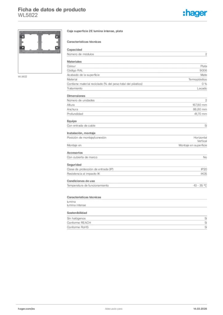 Imagen Hager Ficha de datos de producto WL5822 | Hager España