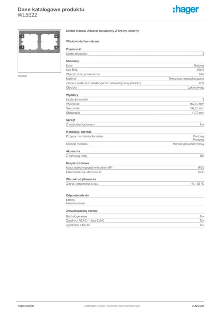 Zdjęcie Hager Dane katalogowe produktu WL5822 | Hager Polska