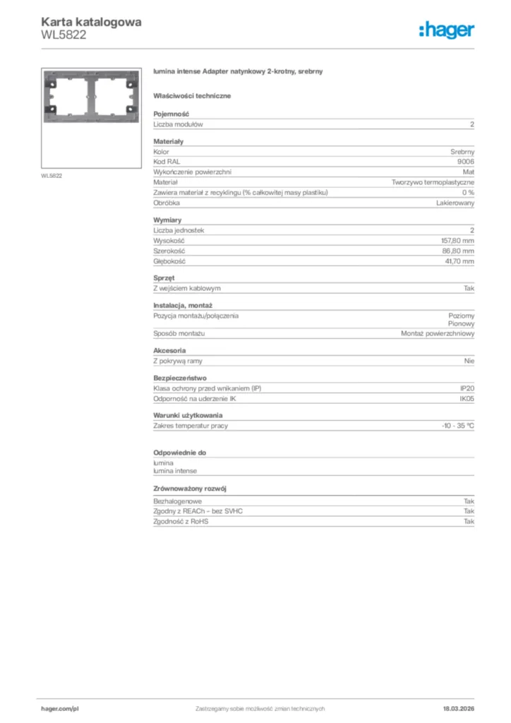 Zdjęcie Hager Karta katalogowa WL5822 | Hager Polska