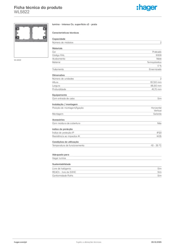 Imagem Hager Ficha técnica do produto WL5822 | Hager Portugal
