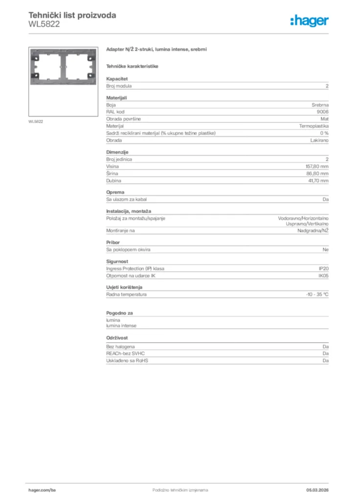 Slika Hager Tehnički list proizvoda WL5822  | Hager