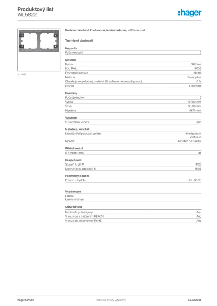 Obrázek Hager Product data sheet WL5822 | Hager