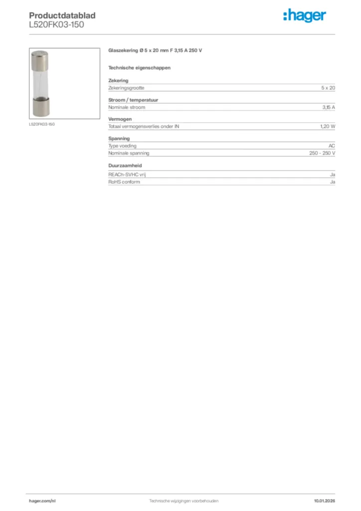 Afbeelding Hager Productdatablad L520FK03-150 | Hager Nederland