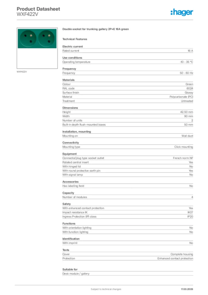 Image Hager Product data sheet WXF422V  | Hager Africa