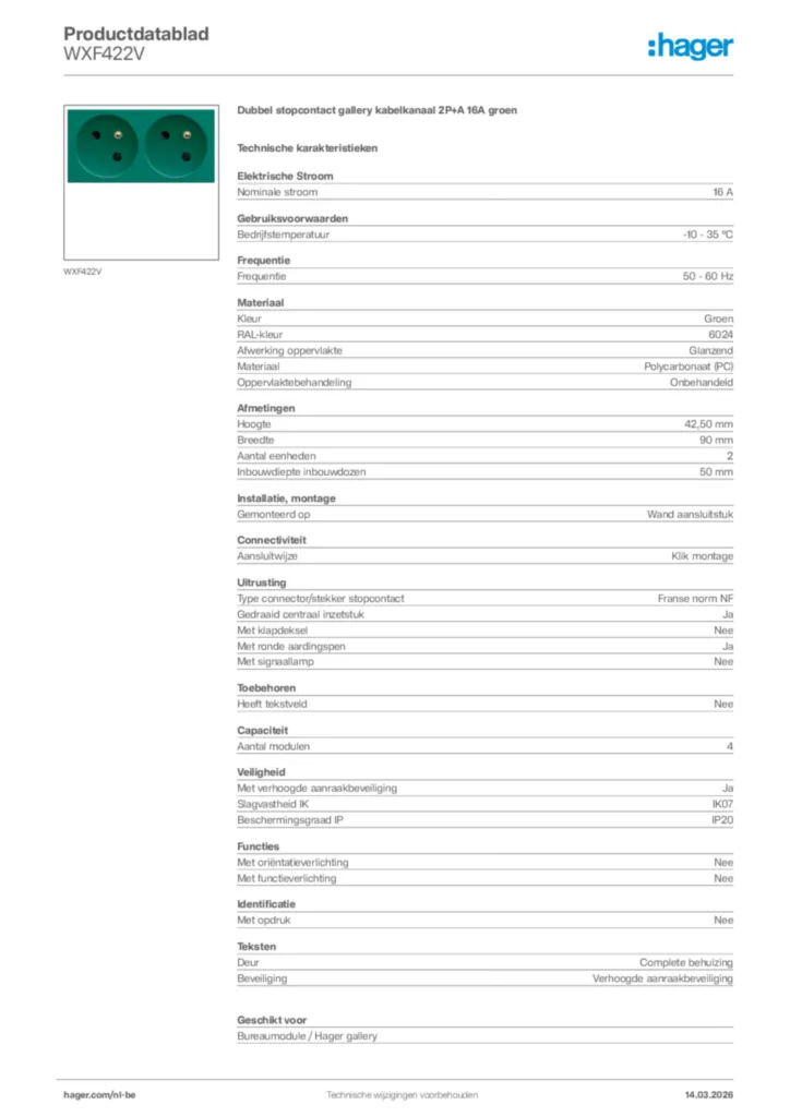 Afbeelding Hager Productdatablad WXF422V | Hager Belgium