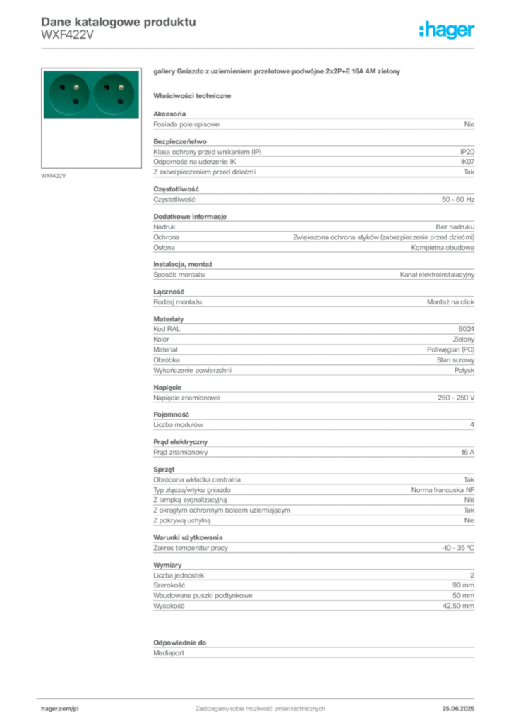 Zdjęcie Hager Dane katalogowe produktu WXF422V | Hager Polska