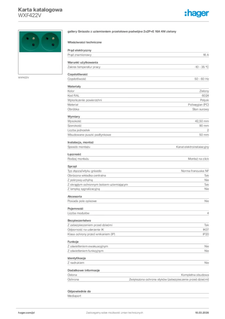 Zdjęcie Hager Karta katalogowa WXF422V | Hager Polska
