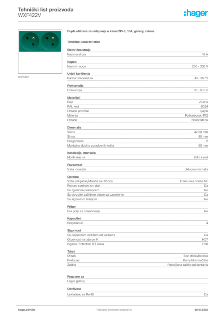 Slika Hager Product data sheet WXF422V  | Hager