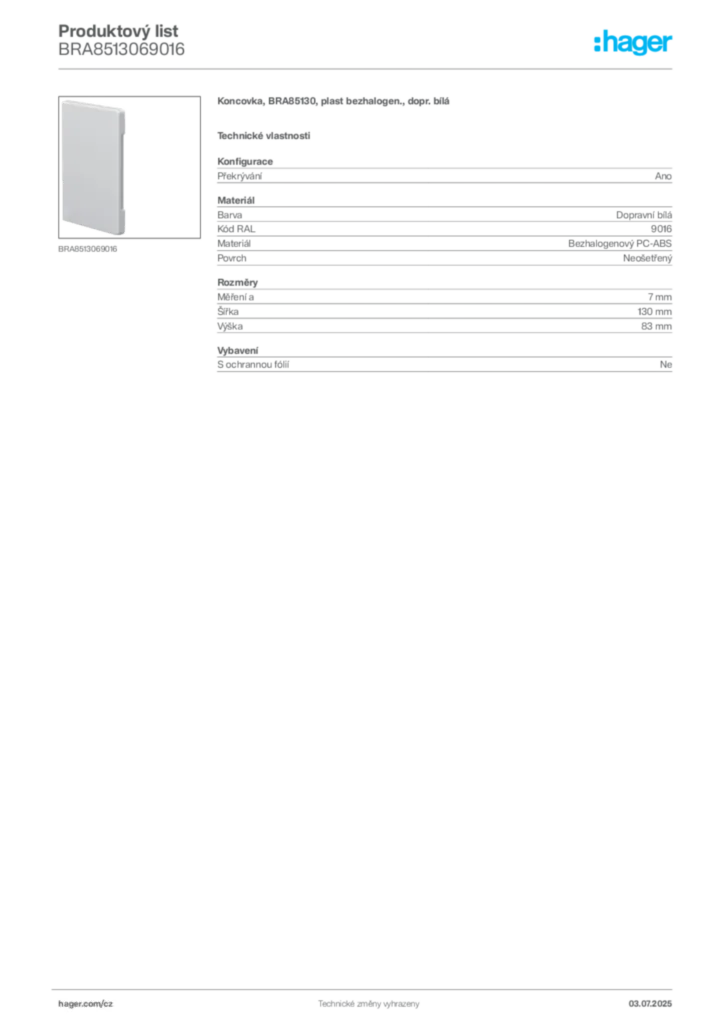 Obrázek Hager Produktový list BRA8513069016 | Hager