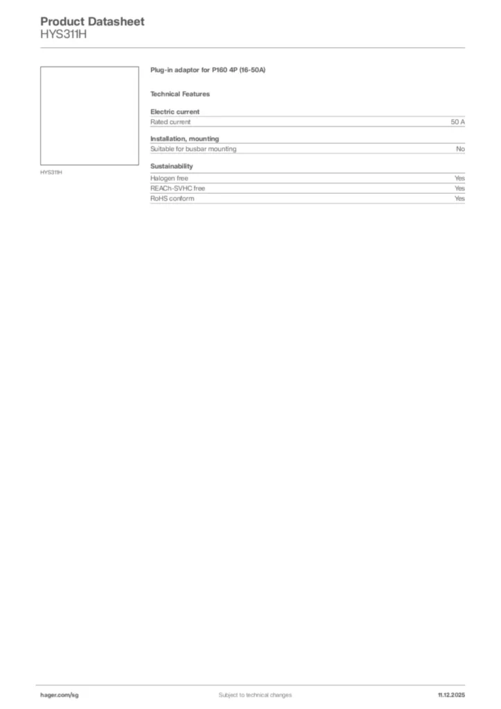 Image Hager Product data sheet HYS311H  | Hager