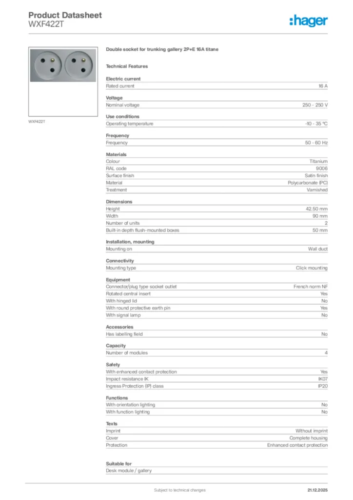Image Hager Product data sheet WXF422T  | Hager Africa