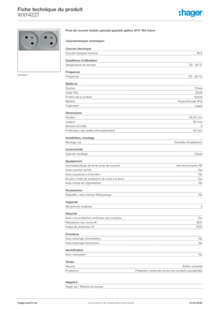 Image Hager Fiche technique du produit WXF422T | Hager Belgique