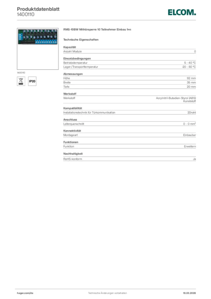 Bild Elcom Produktdatenblatt 1400110 | Hager Deutschland