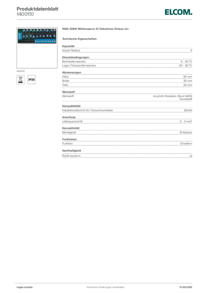 Bild Elcom Produktdatenblatt 1400110 | Hager Deutschland