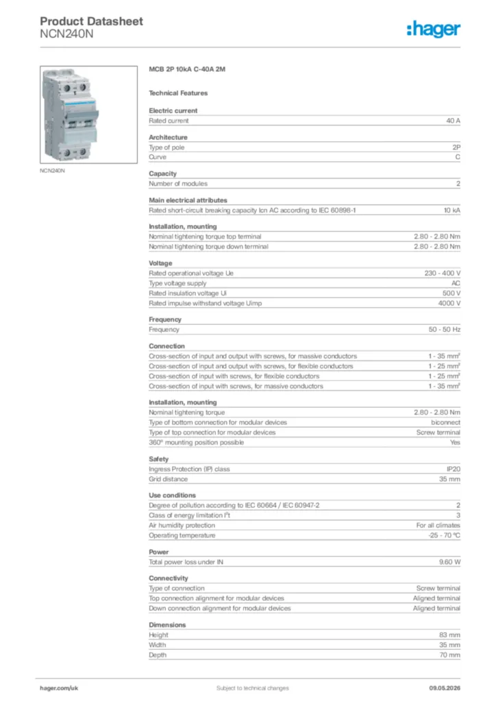 Image Hager Product data sheet NCN240N  | Hager