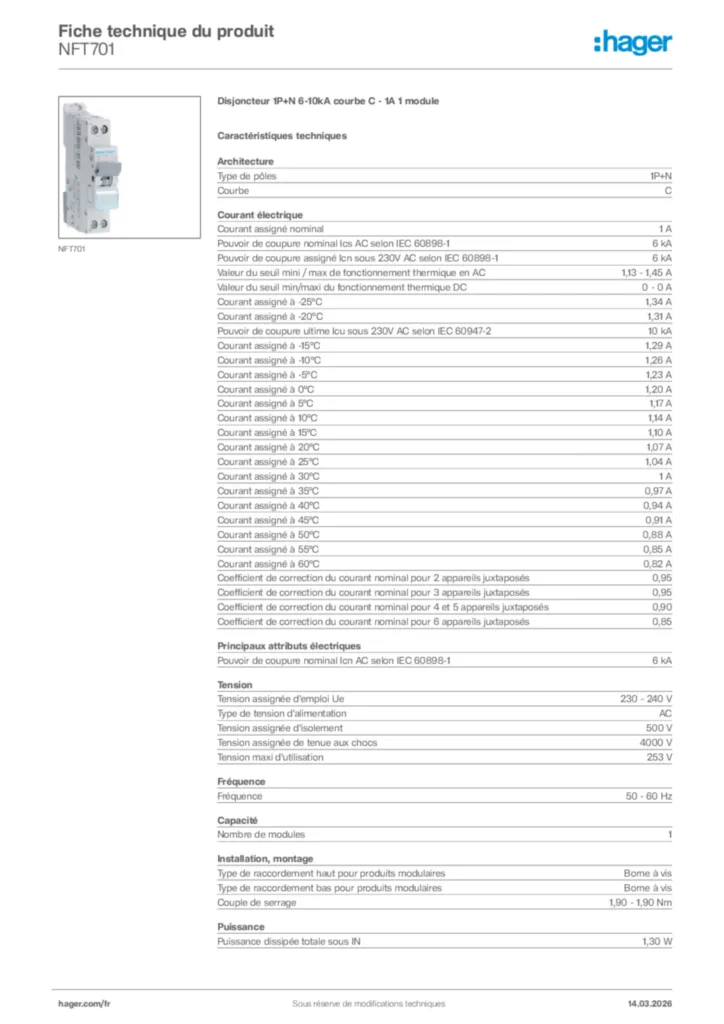 Image Hager Fiche technique du produit NFT701 | Hager France