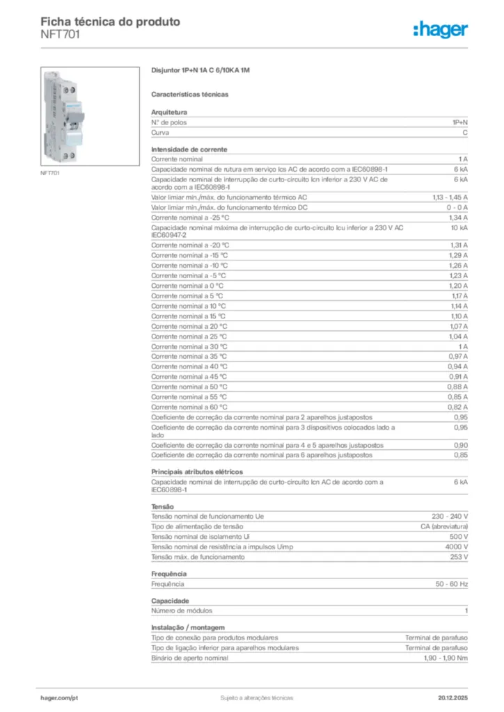 Imagem Hager Ficha técnica do produto NFT701 | Hager Portugal