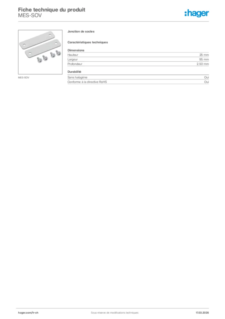 Image Hager Fiche technique du produit MES-SOV | Hager Suisse