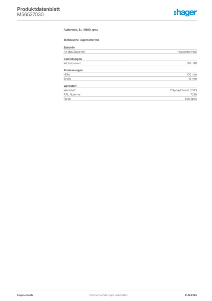 Bild Hager Produktdatenblatt M56527030 | Hager Deutschland