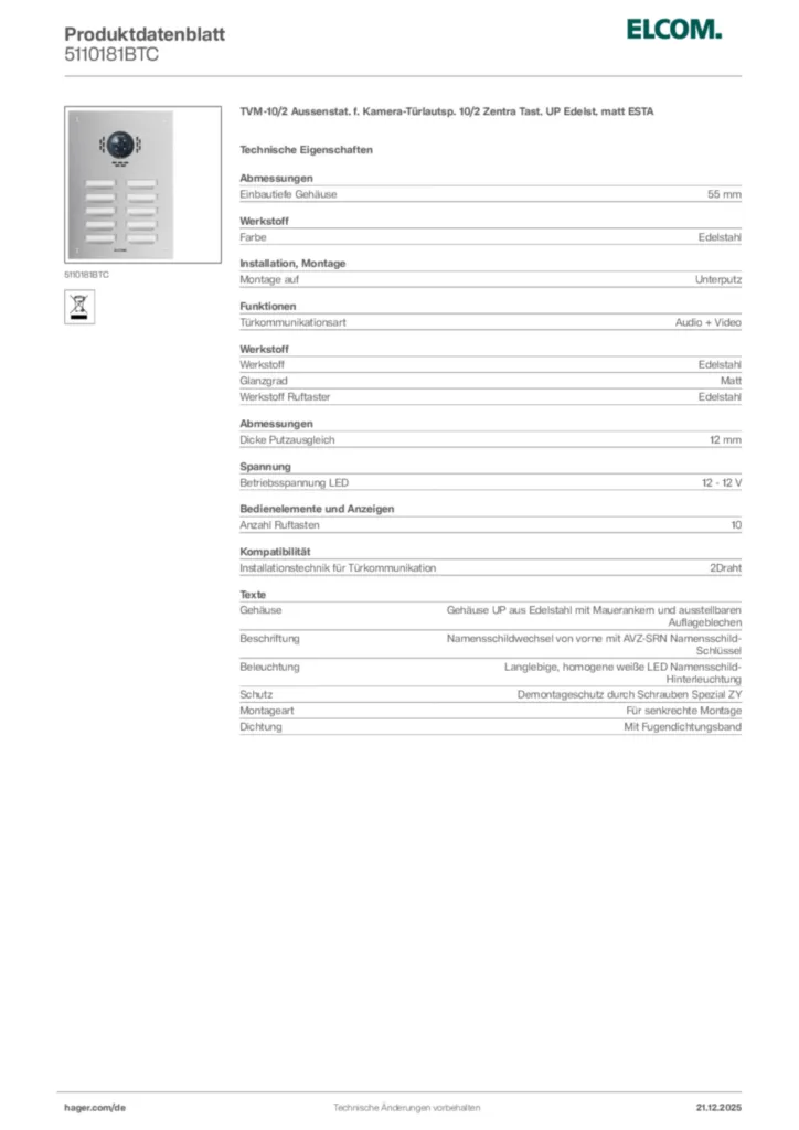 Bild Elcom Produktdatenblatt 5110181BTC | Hager Deutschland