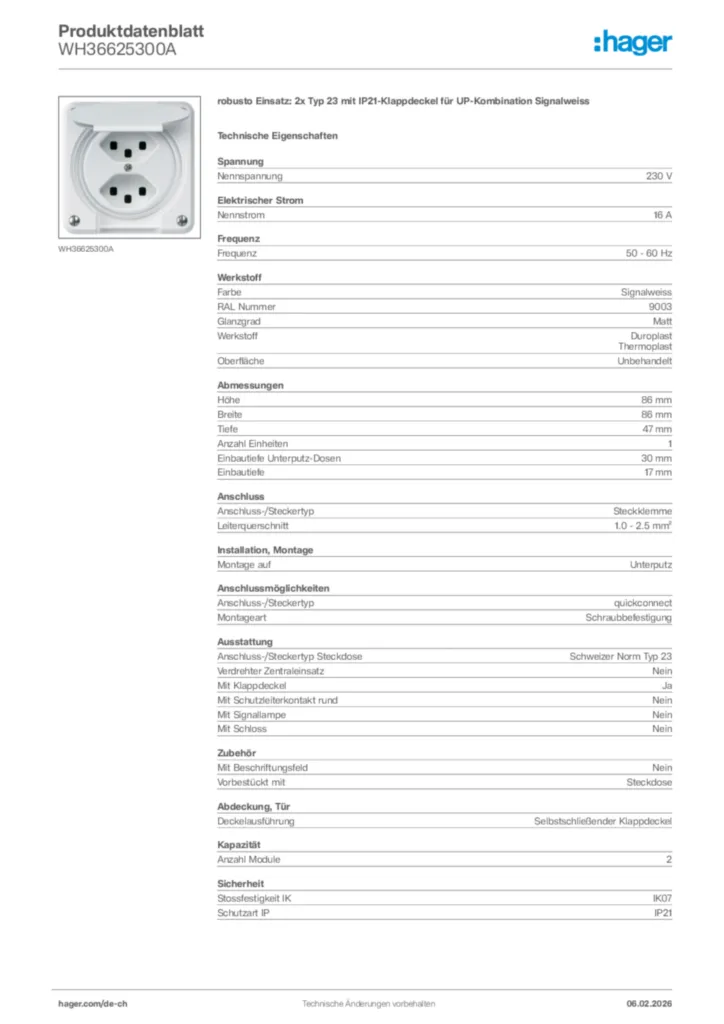 Bild Hager Produktdatenblatt WH36625300A | Hager Schweiz